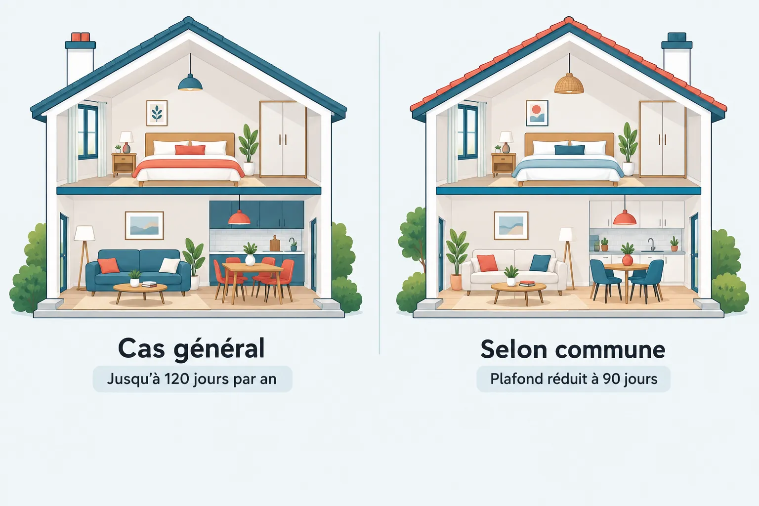 Deux maisons en coupe transversale montrant des intérieurs avec salon, cuisine et chambres, distinguées par “Cas général” et