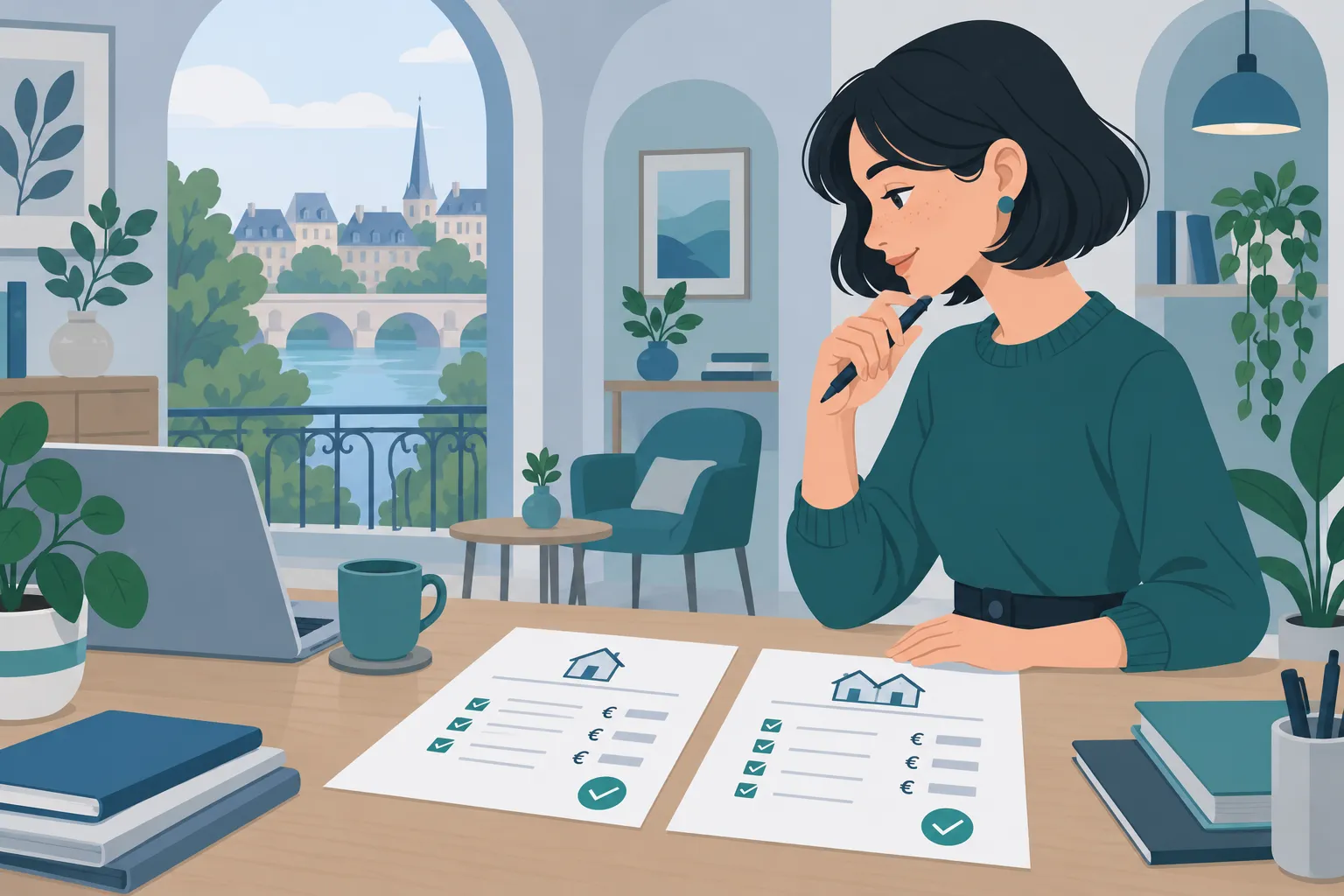 Une femme assise à son bureau examine des documents financiers près d’un ordinateur portable.