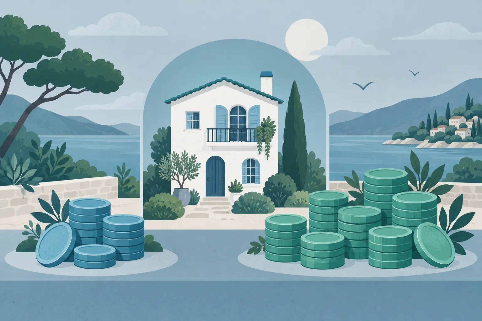 Une maison entourée de coins entourés de pièces vertes et bleues, avec la mer et des collines à l’arrière-plan.