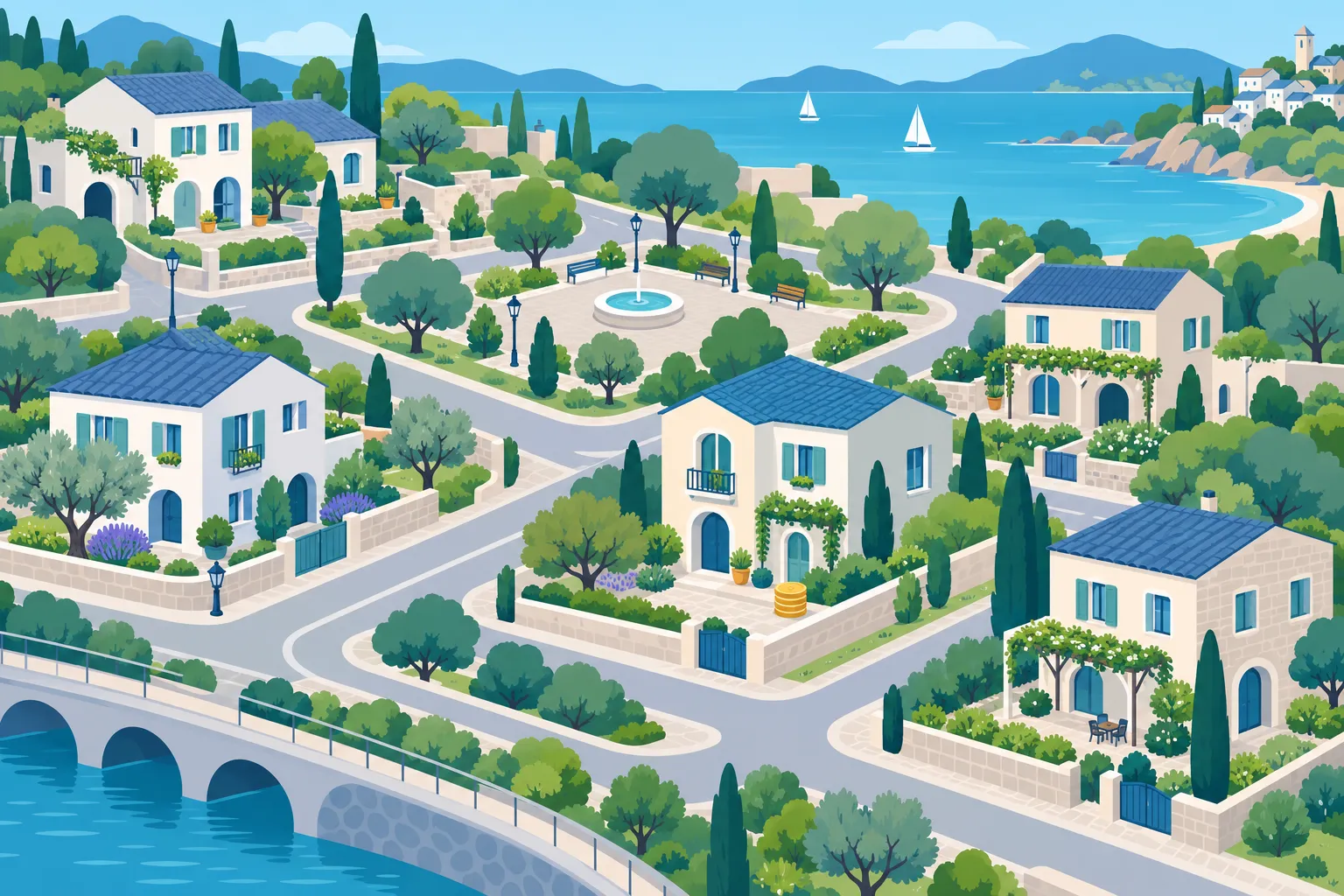 Vue aérienne d’un lotissement résidentiel bordé par la mer avec maisons blanches et toits bleus, rues sinueuses et verdure